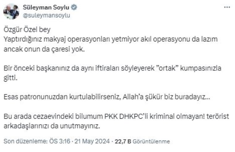 AKP'li Süleyman Soylu'dan Özel'in 'En karanlık ve kriminal bakan' sözlerine yanıt geldi