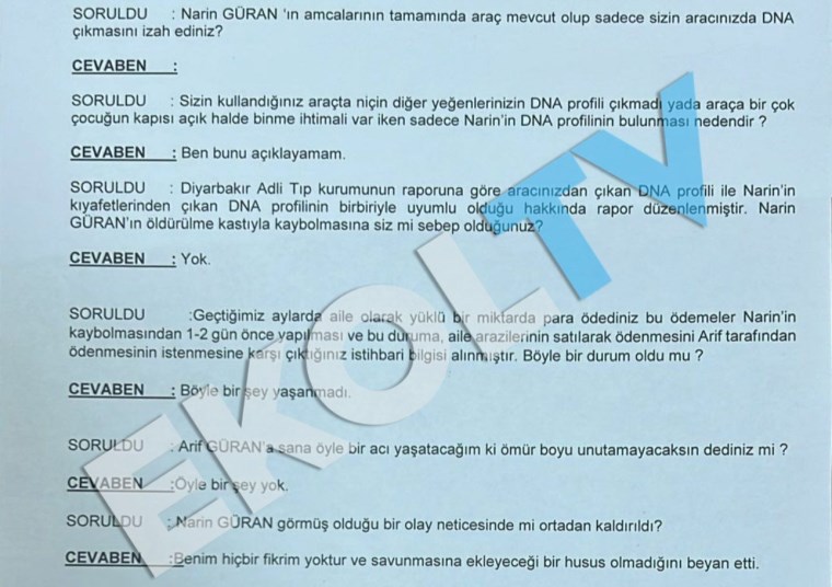 Narin Güran'ın amcası Salim Güran'ın ifadeleri ortaya çıktı: 'Siz mi öldürdünüz, babası olma olasılığınız var mı?'